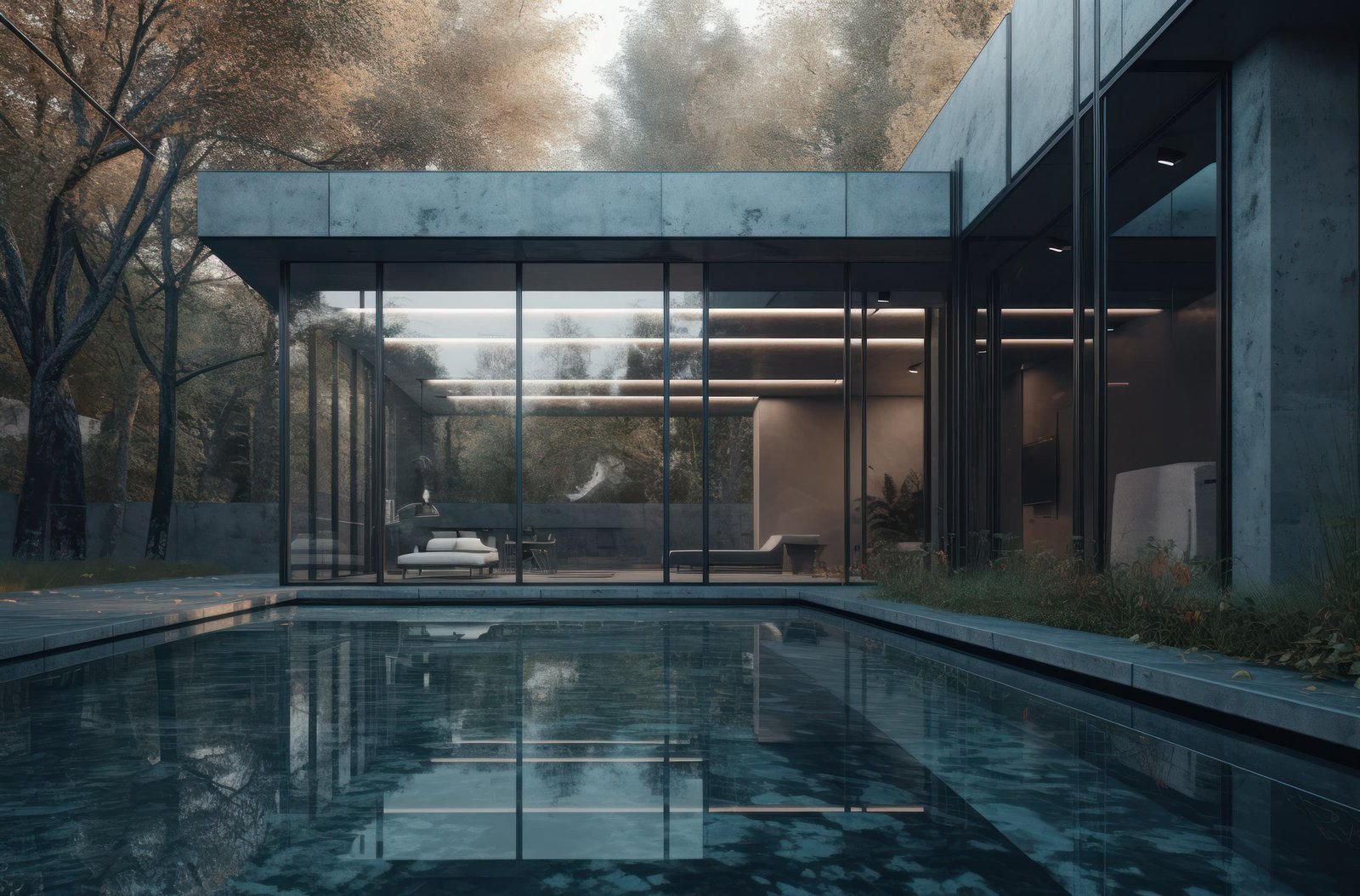A modern concrete and glass villa with a still reflecting pool, seen through autumn trees